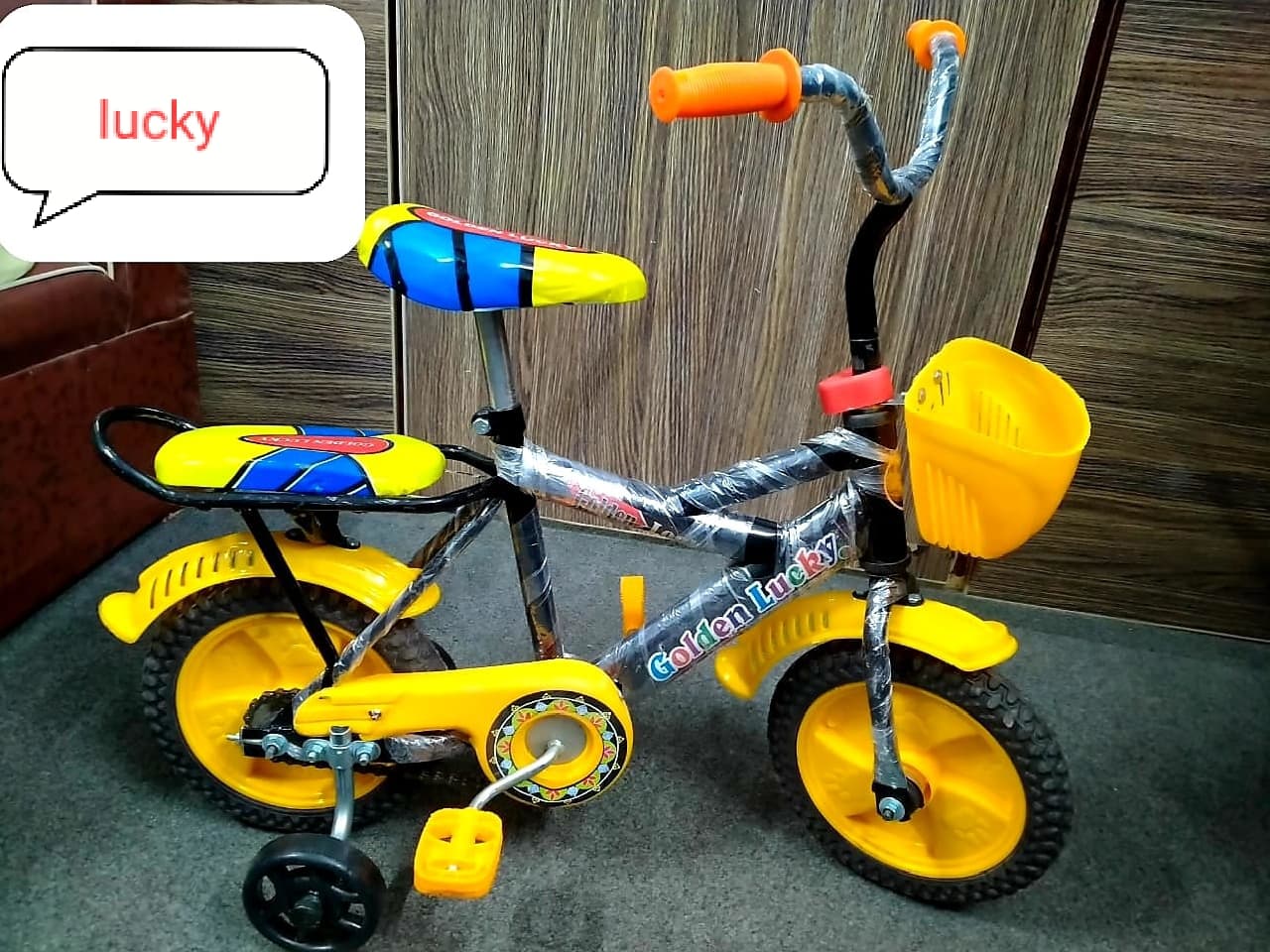 Golden Lucky Kids Bicycle with Front Basket & Training Wheels (Yellow) — image 1