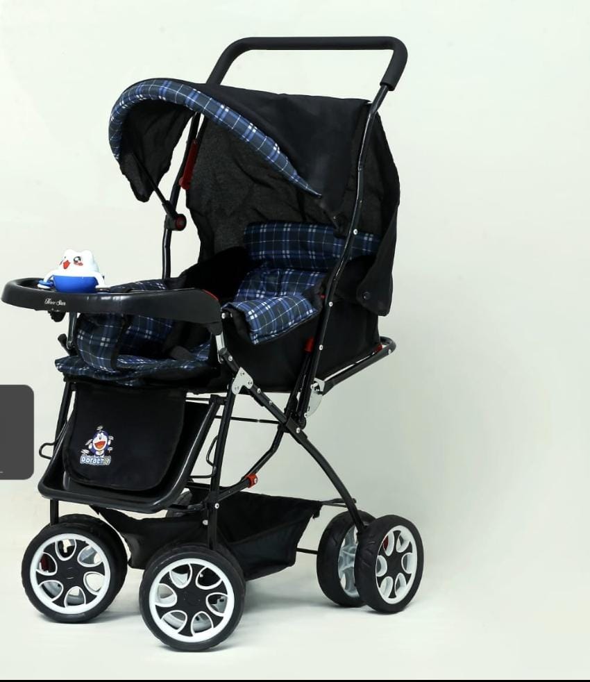 Doraemon Theme Deluxe Baby Stroller / Pram (Blue Plaid / Black) — image 1