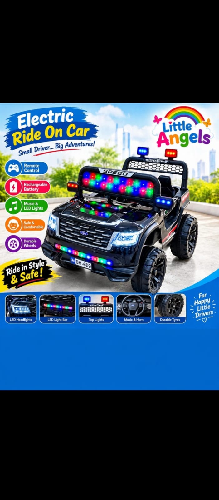 Little Angels Electric Ride-On Car (Black / Multi-LED Light Bar & Grille) — image 1