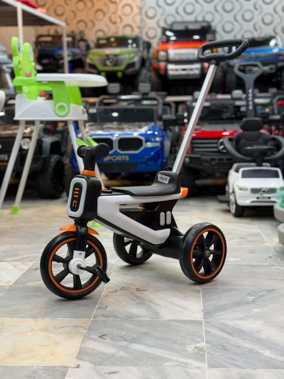 Modern 3-in-1 Kids Tricycle / Balance Bike with Parent Push Handle (White & Orange) — image 1