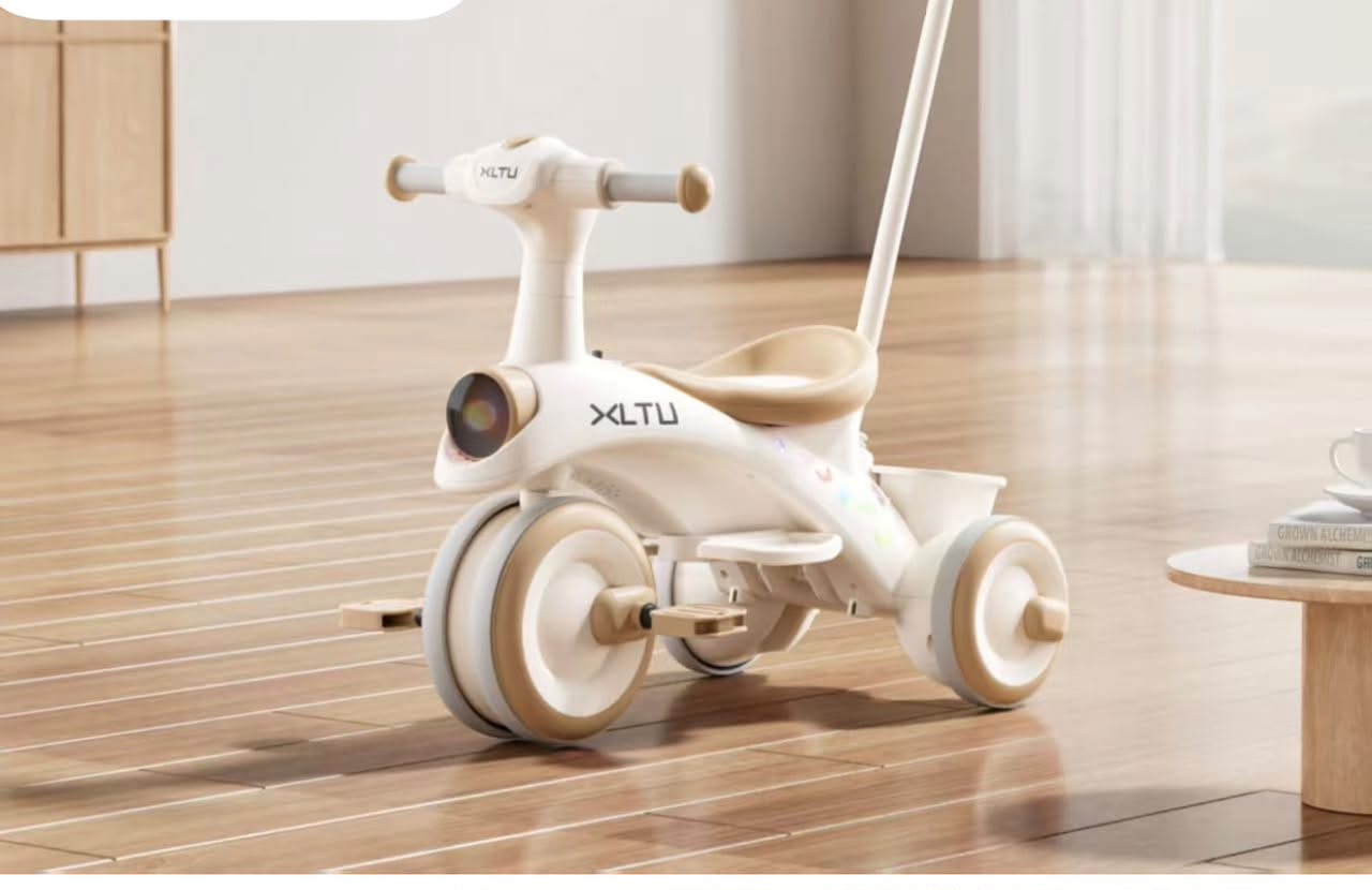 XLTU Toddler Tricycle & Push Walker with Parent Handle (Off-White & Beige) — image 1