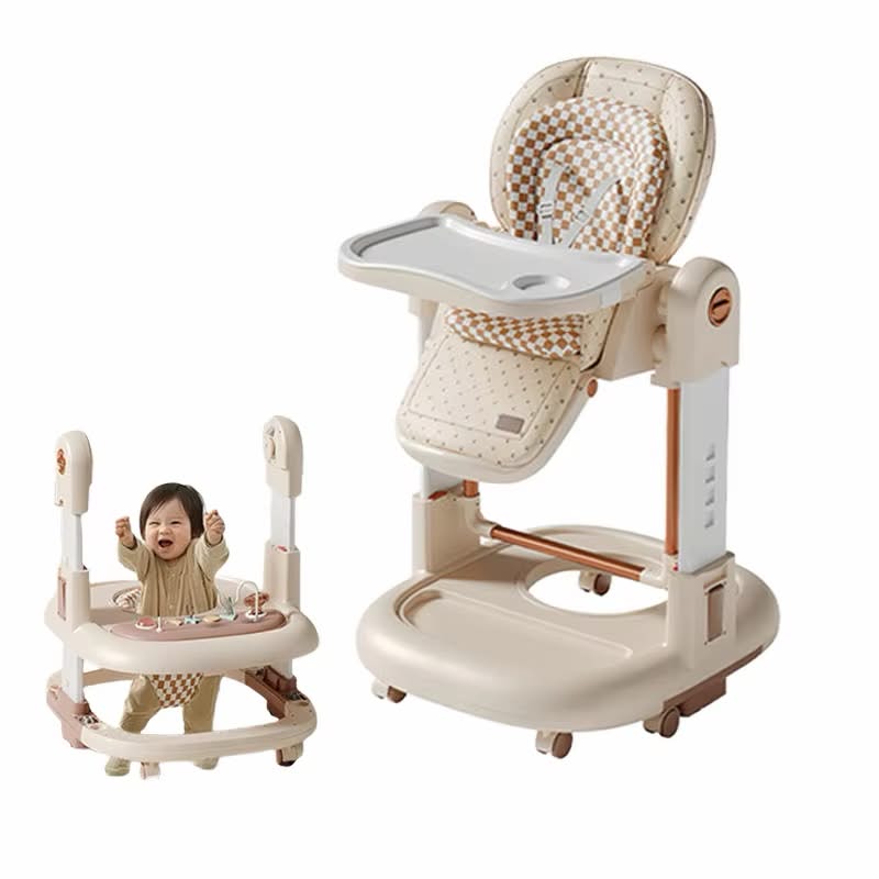 Multi-Functional Convertible Baby High Chair & Baby Walker Combo (Beige Checkerboard) — image 1