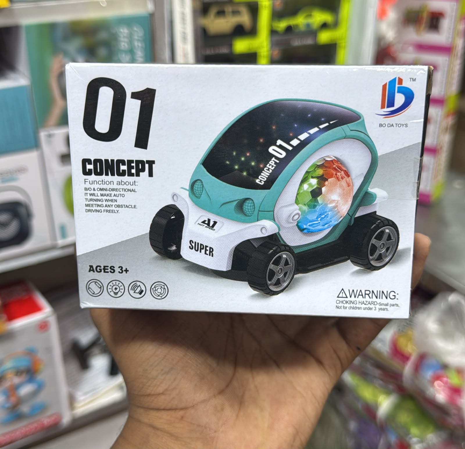 Bo Da Toys 01 Concept Bump & Go Omni-Directional Stunt Car with 3D Disco Lights & Sound (Teal/White) — image 1