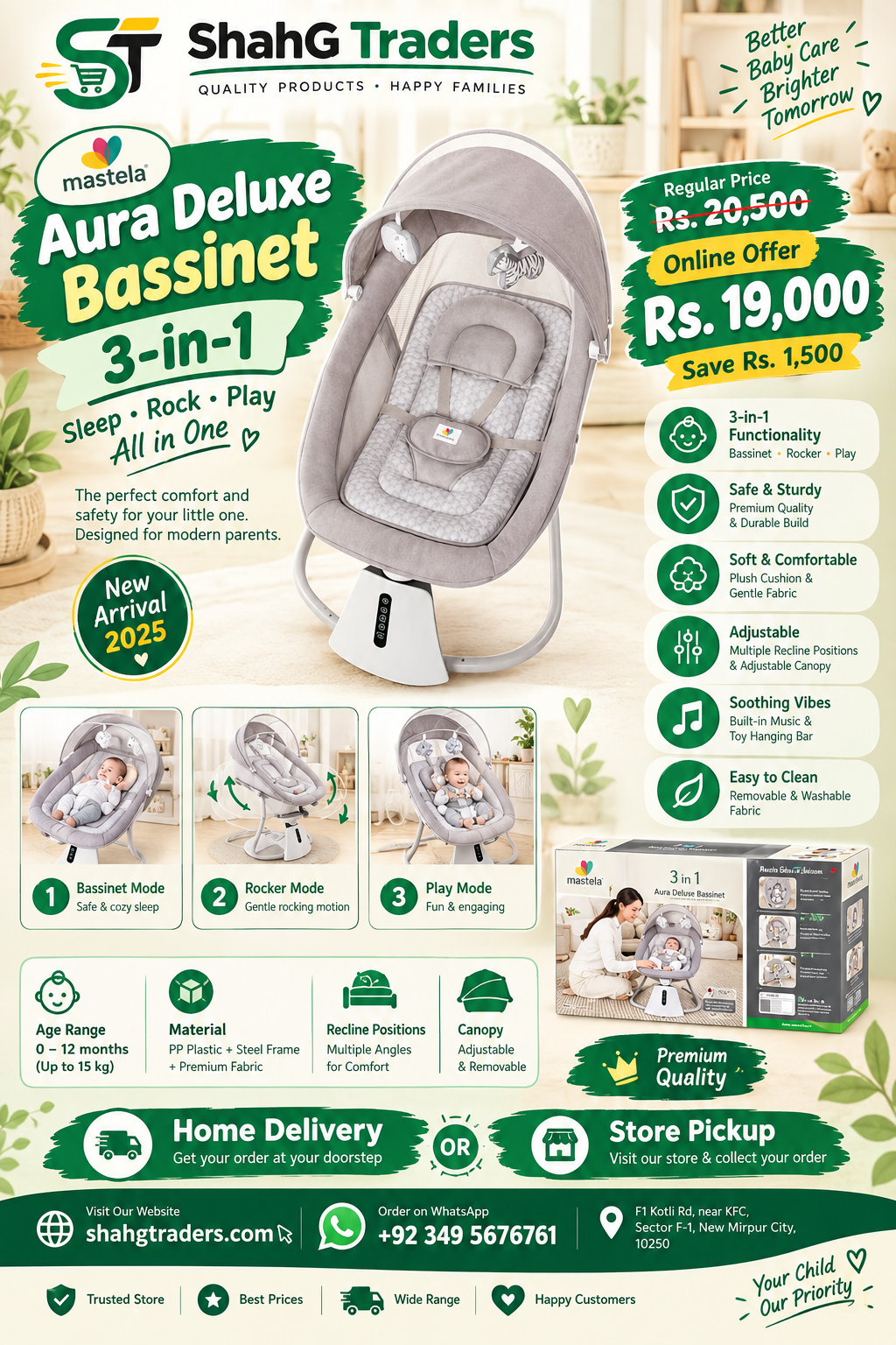 Mastela 3-in-1 Aura Deluxe Bassinet & Electric Baby Swing (Grey - Model 08016) — image 1
