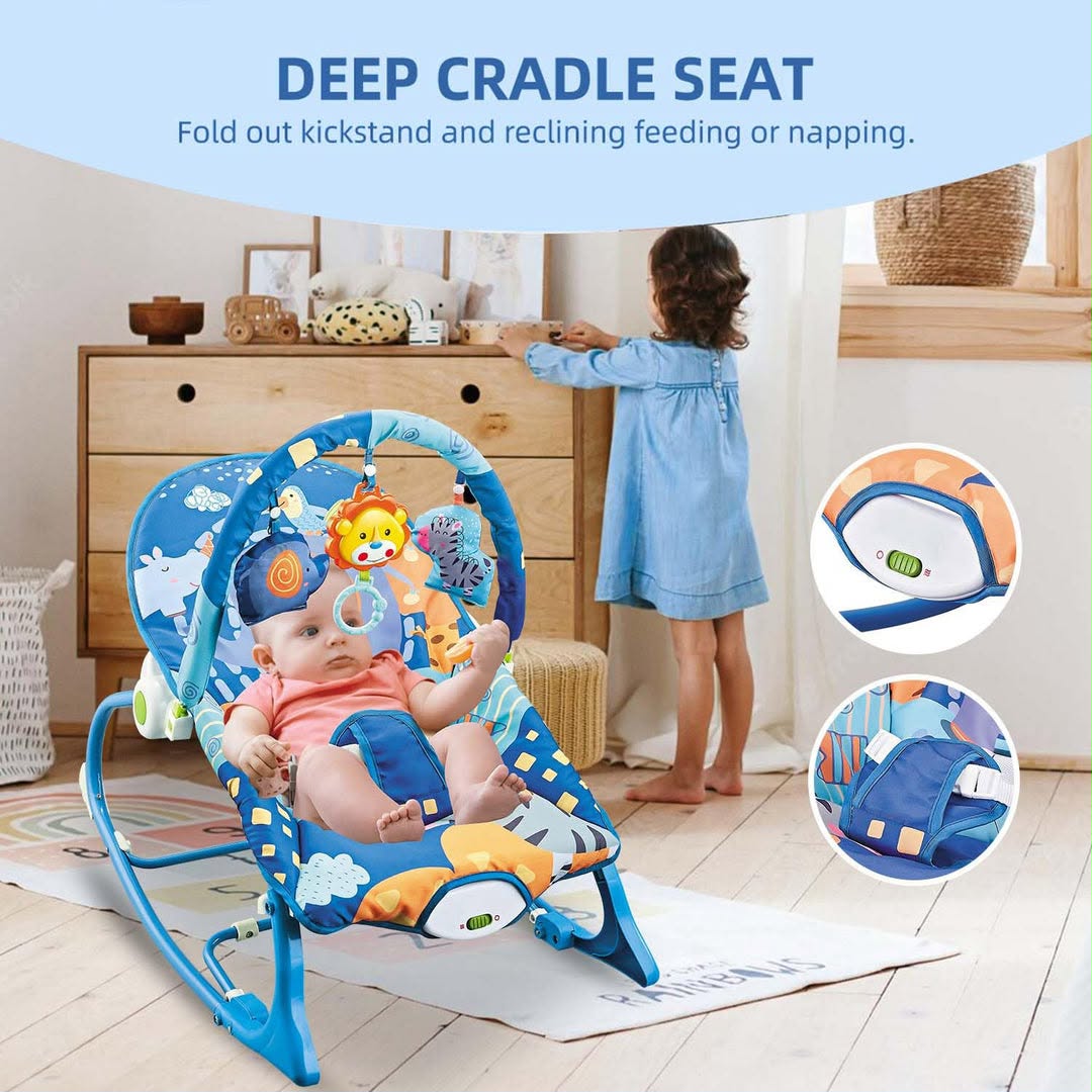 Deep Cradle Seat Baby Rocker & Bouncer with Kickstand (Blue Safari Animal Theme) — image 1