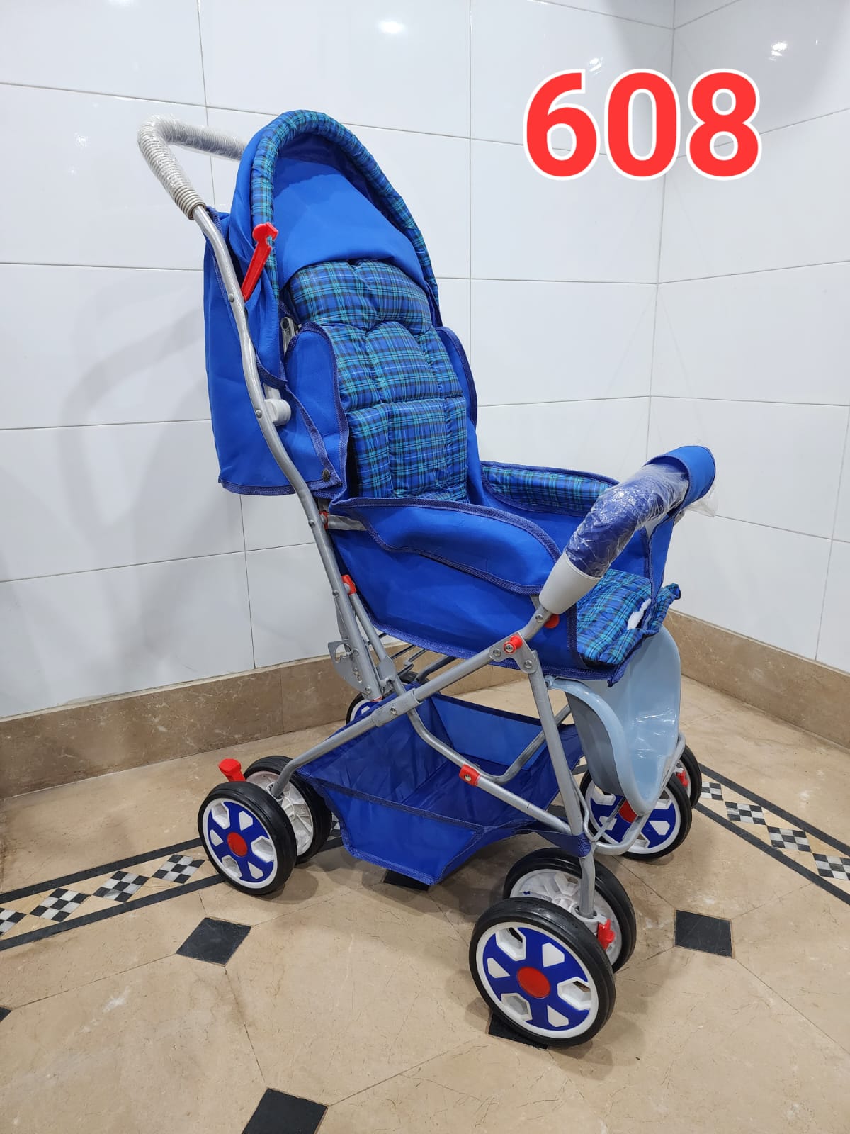 Lightweight Baby Stroller / Pram with Plaid Padded Seat (Blue - Model 608) — image 1