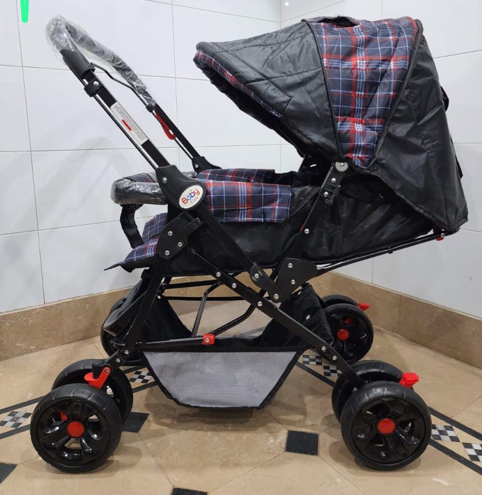 Baby Care Reversible Handle Folding Baby Stroller / Pram (Black & Plaid Pattern) — image 1