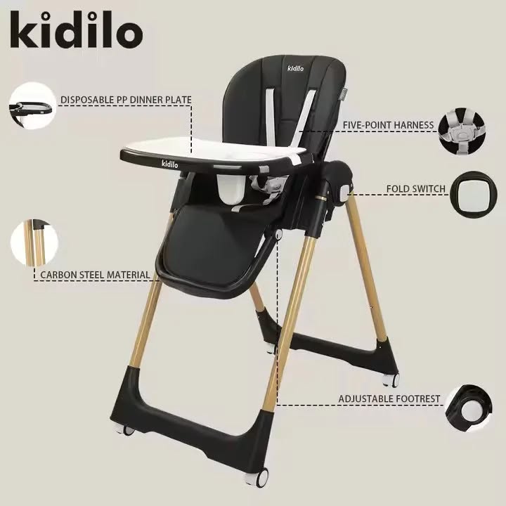 Kidilo Convertible Baby High Chair & Feeding Seat (Black / Wood-Finish Frame) — image 1
